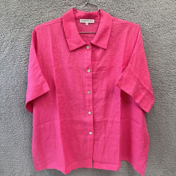 (Defect) Christopher Calvin Blouse Women's Top Plus Size 2X Fuchsia Linen USA - Picture 2 of 12